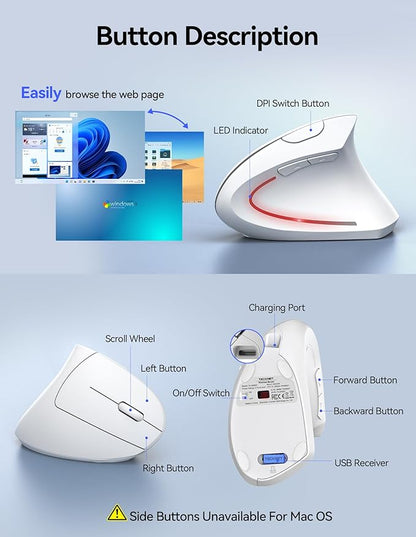 TECKNET Ergonomic Mouse Wireless, Rechargeable Mouse Silent for Carpal Tunnel Right Hand, 2.4GHz USB Vertical Mouse Wireless for Laptop, 5 Adjustable 4800 DPI, Computer, MacBook, Desktop | Mice - TrueDesk