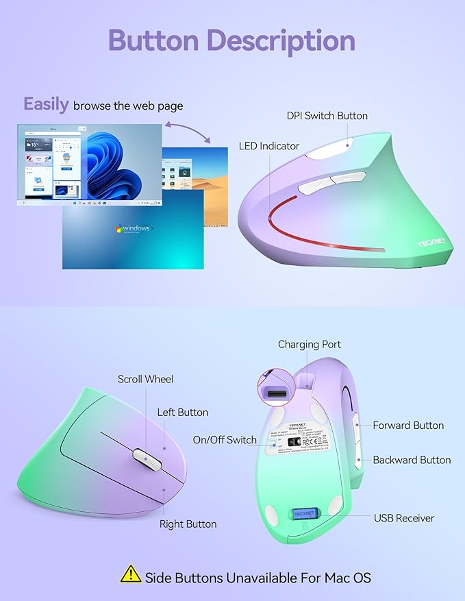 TECKNET Ergonomic Mouse, Wireless Rechargeable Vertical Mouse for Carpal Tunnel Right Hand, 4800 DPI 5 Adjustable Levels 2.4GHz with USB - A Receiver, Silent Click, for Laptop, PC, MacBook, Desktop | Mice - TrueDesk
