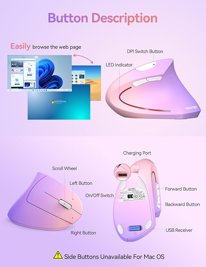 TECKNET Ergonomic Mouse, Wireless Rechargeable Vertical Mouse for Carpal Tunnel Right Hand, 4800 DPI 5 Adjustable Levels 2.4GHz with USB - A Receiver, Silent Click, for Laptop, PC, MacBook, Desktop | Mice - TrueDesk