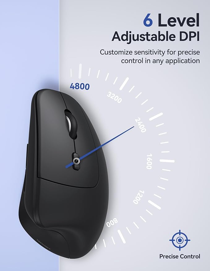 TECKNET Ergonomic Mouse, Wireless Vertical Mouse, 4800 DPI, Rechargeable Bluetooth Mice for Carpal Tunnel Right Hand, 3 - Device Connectivity for Laptop, PC, MacBook, Black | Mice - TrueDesk