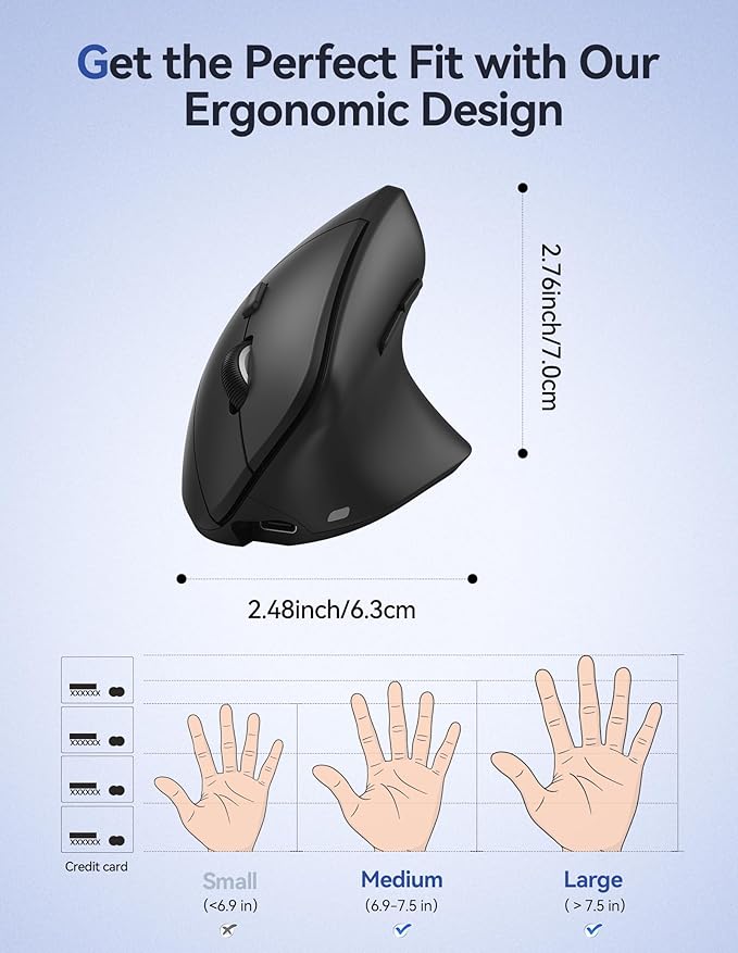 TECKNET Ergonomic Mouse, Wireless Vertical Mouse, 4800 DPI, Rechargeable Bluetooth Mice for Carpal Tunnel Right Hand, 3 - Device Connectivity for Laptop, PC, MacBook, Black | Mice - TrueDesk