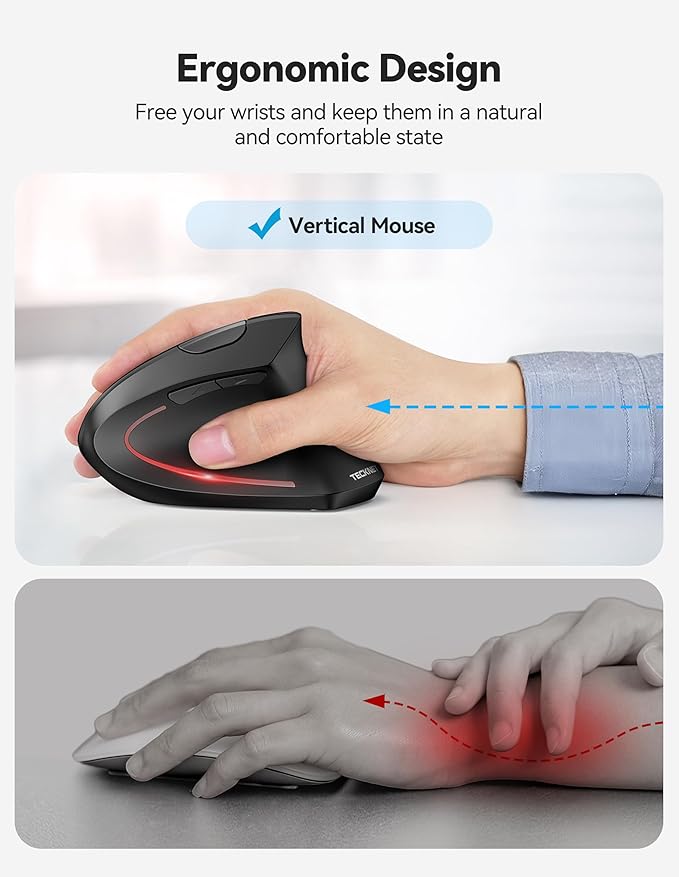 TECKNET Ergonomic Mouse with Jiggler, Bluetooth Wireless Vertical Mouse, 4800DPI Rechargeable Carpal Tunnel Mouse, Undetectable Random Movement Keeps Computers Awake for PC, Laptop, Mackbook | Mice - TrueDesk