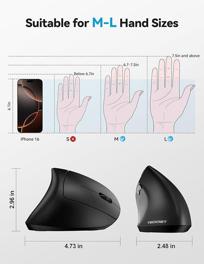 TECKNET Ergonomic Mouse with Jiggler, Bluetooth Wireless Vertical Mouse, 4800DPI Rechargeable Carpal Tunnel Mouse, Undetectable Random Movement Keeps Computers Awake for PC, Laptop, Mackbook | Mice - TrueDesk