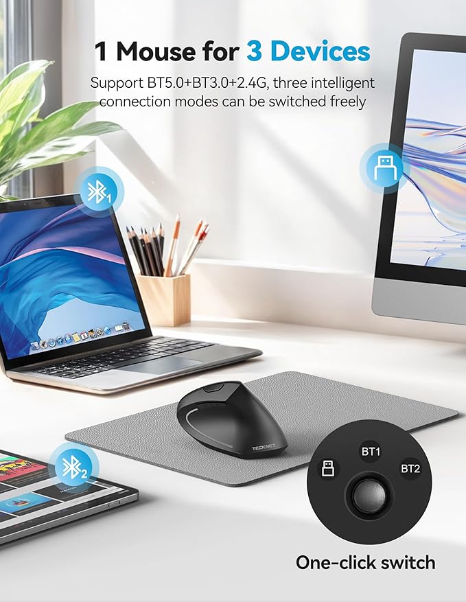 TECKNET Ergonomic Mouse with Jiggler, Bluetooth Wireless Vertical Mouse, 4800DPI Rechargeable Carpal Tunnel Mouse, Undetectable Random Movement Keeps Computers Awake for PC, Laptop, Mackbook | Mice - TrueDesk