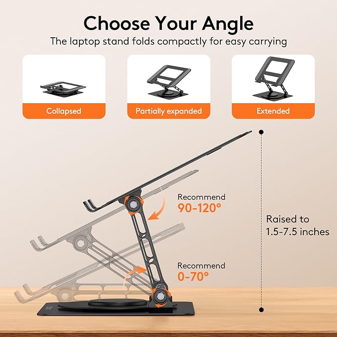 TECKNET Laptop Stand for Desk, 360 Rotating Base, Ergonomic Foldable Computer Stand for Laptop Riser Height Adjustable, Compatible with MacBook Pro, All Laptops 10 - 17" - Black | Stands - TrueDesk