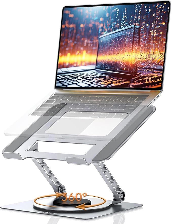 TECKNET Laptop Stand for Desk, 360 Rotating Base, Ergonomic Foldable Computer Stand for Laptop Riser Height Adjustable, Compatible with MacBook Pro, All Laptops 10 - 17" - Silver | Stands - TrueDesk