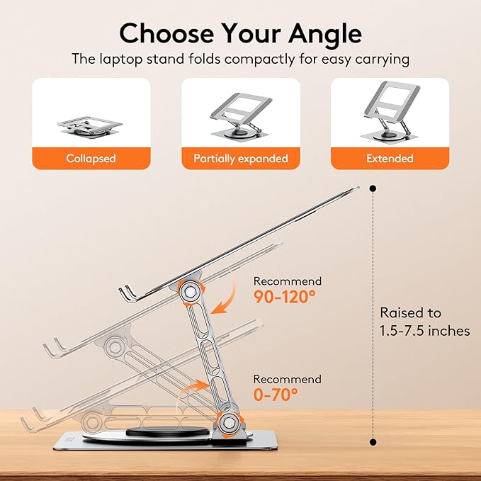 TECKNET Laptop Stand for Desk, 360 Rotating Base, Ergonomic Foldable Computer Stand for Laptop Riser Height Adjustable, Compatible with MacBook Pro, All Laptops 10 - 17" - Silver | Stands - TrueDesk