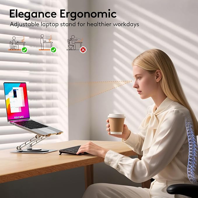 TECKNET Laptop Stand for Desk, 360 Rotating Base, Ergonomic Foldable Computer Stand for Laptop Riser Height Adjustable, Compatible with MacBook Pro, All Laptops 10 - 17" - Silver | Stands - TrueDesk