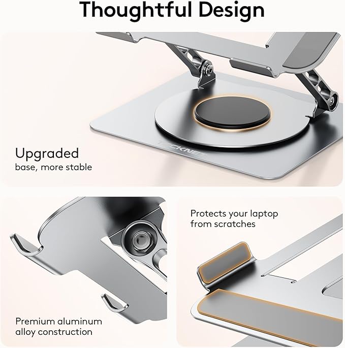 TECKNET Laptop Stand for Desk, 360 Rotating Base, Ergonomic Foldable Computer Stand for Laptop Riser Height Adjustable, Compatible with MacBook Pro, All Laptops 10 - 17" - Silver | Stands - TrueDesk