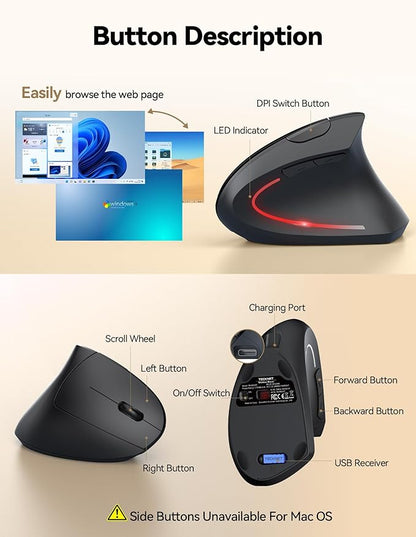 TECKNET Rechargeable Wireless Ergonomic Mouse,2.4GHz USB Vertical Mouse with Silent Click,4800 DPI Mouse with 6 Adjustable DPI,6 - Button Computer Mouse for Laptop,PC, MacBook (No Batteries Needed) | Mice - TrueDesk