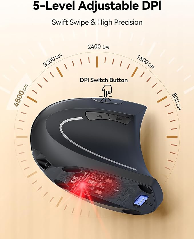 TECKNET Rechargeable Wireless Ergonomic Mouse,2.4GHz USB Vertical Mouse with Silent Click,4800 DPI Mouse with 6 Adjustable DPI,6 - Button Computer Mouse for Laptop,PC, MacBook (No Batteries Needed) | Mice - TrueDesk