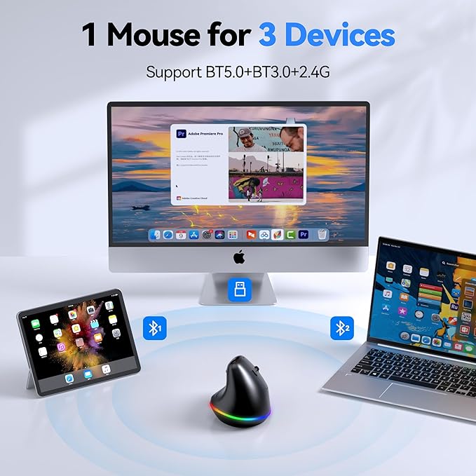 TECKNET RGB Rechargeable Wireless Ergonomic Mouse - USB+Bluetooth Multi - Device LED Vertical Mouse with 11 RGB Backlight Modes, 4800 DPI Adjustable, Ergo Mice for Windows and Mac, Black | Mice - TrueDesk