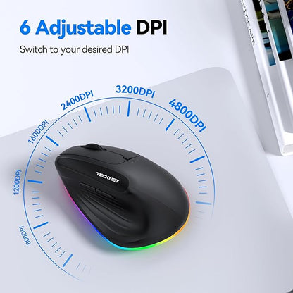 TECKNET RGB Rechargeable Wireless Ergonomic Mouse - USB+Bluetooth Multi - Device LED Vertical Mouse with 11 RGB Backlight Modes, 4800 DPI Adjustable, Ergo Mice for Windows and Mac, Black | Mice - TrueDesk