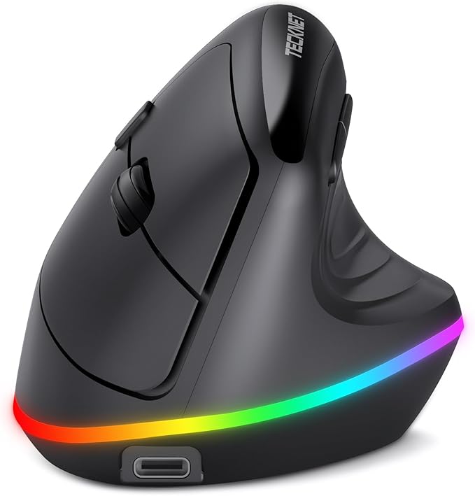 TECKNET RGB Rechargeable Wireless Ergonomic Mouse - USB+Bluetooth Multi - Device LED Vertical Mouse with 11 RGB Backlight Modes, 4800 DPI Adjustable, Ergo Mice for Windows and Mac, Black | Mice - TrueDesk