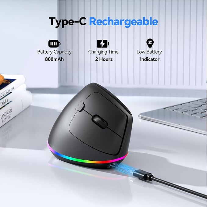 TECKNET RGB Rechargeable Wireless Ergonomic Mouse - USB+Bluetooth Multi - Device LED Vertical Mouse with 11 RGB Backlight Modes, 4800 DPI Adjustable, Ergo Mice for Windows and Mac, Black | Mice - TrueDesk