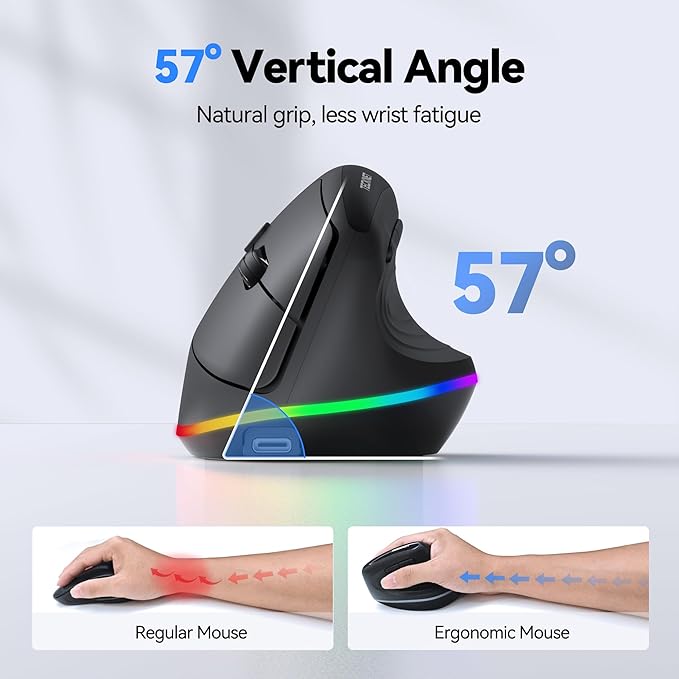 TECKNET RGB Rechargeable Wireless Ergonomic Mouse - USB+Bluetooth Multi - Device LED Vertical Mouse with 11 RGB Backlight Modes, 4800 DPI Adjustable, Ergo Mice for Windows and Mac, Black | Mice - TrueDesk
