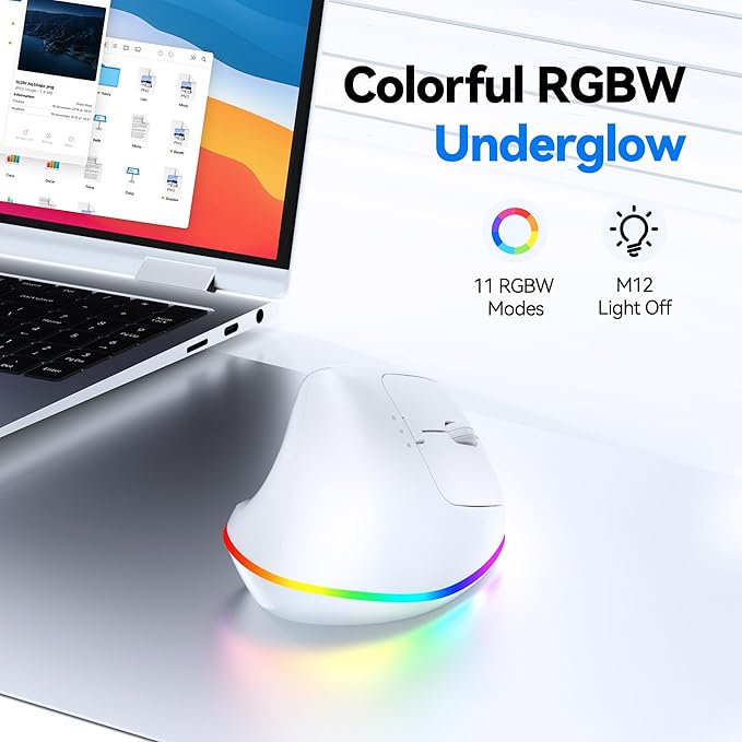 TECKNET RGB Wireless Ergonomic Mouse Rechargeable - USB+Bluetooth Multi - Device LED Vertical Mouse with 11 RGB Backlight Modes, 4800 DPI Adjustable, Ergo Mice for Windows and Mac, White | Mice - TrueDesk