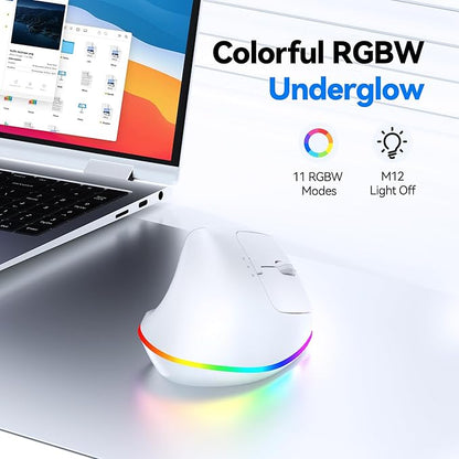TECKNET RGB Wireless Ergonomic Mouse Rechargeable - USB+Bluetooth Multi - Device LED Vertical Mouse with 11 RGB Backlight Modes, 4800 DPI Adjustable, Ergo Mice for Windows and Mac, White | Mice - TrueDesk