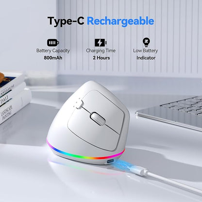 TECKNET RGB Wireless Ergonomic Mouse Rechargeable - USB+Bluetooth Multi - Device LED Vertical Mouse with 11 RGB Backlight Modes, 4800 DPI Adjustable, Ergo Mice for Windows and Mac, White | Mice - TrueDesk