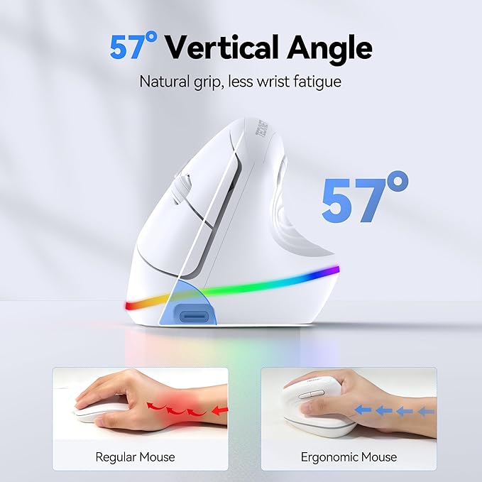 TECKNET RGB Wireless Ergonomic Mouse Rechargeable - USB+Bluetooth Multi - Device LED Vertical Mouse with 11 RGB Backlight Modes, 4800 DPI Adjustable, Ergo Mice for Windows and Mac, White | Mice - TrueDesk
