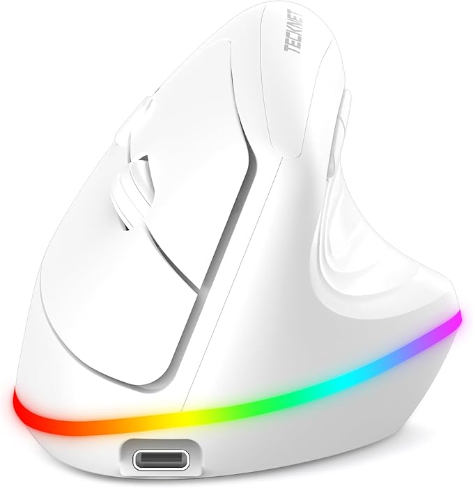 TECKNET RGB Wireless Ergonomic Mouse Rechargeable - USB+Bluetooth Multi - Device LED Vertical Mouse with 11 RGB Backlight Modes, 4800 DPI Adjustable, Ergo Mice for Windows and Mac, White | Mice - TrueDesk