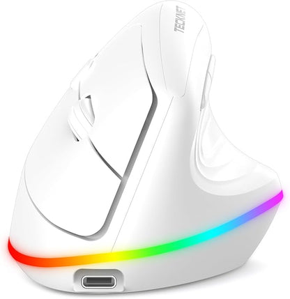 TECKNET RGB Wireless Ergonomic Mouse Rechargeable - USB+Bluetooth Multi - Device LED Vertical Mouse with 11 RGB Backlight Modes, 4800 DPI Adjustable, Ergo Mice for Windows and Mac, White | Mice - TrueDesk