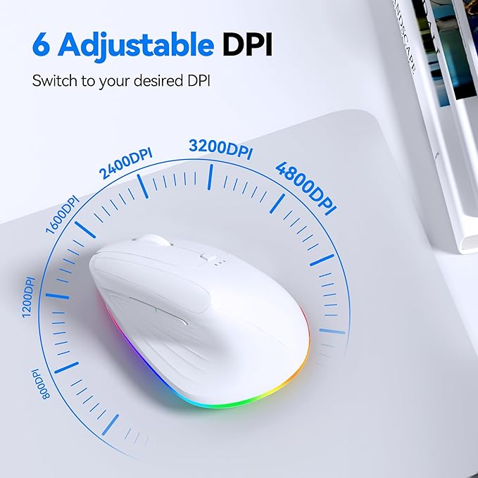 TECKNET RGB Wireless Ergonomic Mouse Rechargeable - USB+Bluetooth Multi - Device LED Vertical Mouse with 11 RGB Backlight Modes, 4800 DPI Adjustable, Ergo Mice for Windows and Mac, White | Mice - TrueDesk