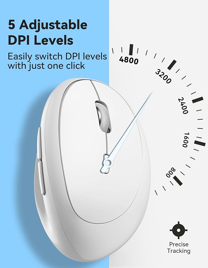 TECKNET Wireless Mouse, 5 Adjustable DPI Levels, 6 Buttons, 4800 DPI Wireless Vertical Mouse, 2.4G Silent Wireless Mouse for Laptop, PC, Chromebook, Mac - Light White | Mice - TrueDesk