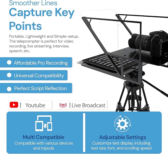 Teleprompter 5.1 12" Compatible with iPad, Tablet, Smartphone and DSLR Camera, Remote or App Control, Compatible with Android and iOS, Ideal for Video Recording, Aluminum Alloy | Teleprompters - TrueDesk