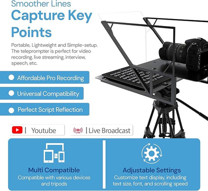 Teleprompter 5.1 12" Compatible with iPad, Tablet, Smartphone and DSLR Camera, Remote or App Control, Compatible with Android and iOS, Ideal for Video Recording, Aluminum Alloy | Teleprompters - TrueDesk