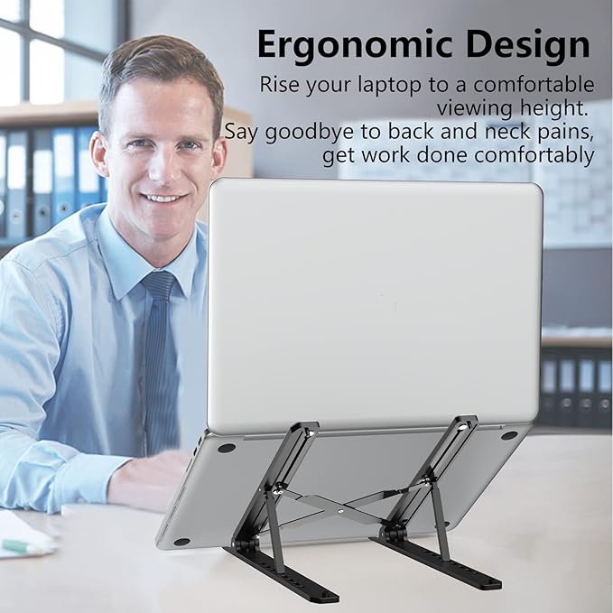 Tonmom Laptop Stand for Desk, Adjustable Laptop Riser ABS+Silicone Foldable Portable Notebook Holder, Ventilated Cooling Notebook Mount Computer Stand for 10 - 15.6” Laptops,Tablets - Black | Mounts - TrueDesk