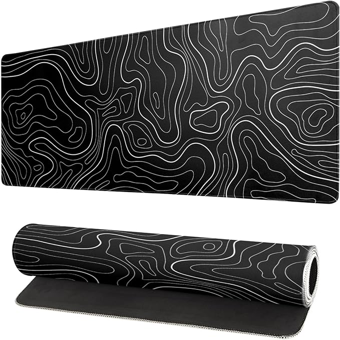 Topographic Contour Black Gaming Mouse Pad XL Geographic Map Lines Extended Big Large Desk Mat Non - Slip Rubber Base Stitched Edge Long Keyboard Mousepad for PC Computer Laptop,31.5x11.8 Inch | Mouse Pads - TrueDesk