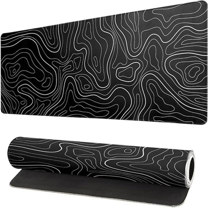 Topographic Contour Black Gaming Mouse Pad XL Geographic Map Lines Extended Big Large Desk Mat Non - Slip Rubber Base Stitched Edge Long Keyboard Mousepad for PC Computer Laptop,31.5x11.8 Inch | Mouse Pads - TrueDesk