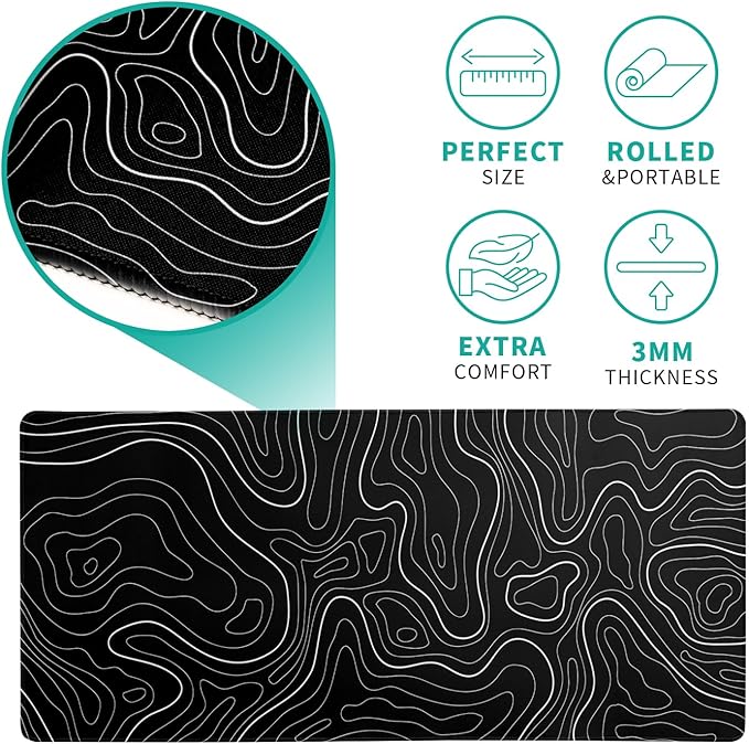 Topographic Contour Black Gaming Mouse Pad XL Geographic Map Lines Extended Big Large Desk Mat Non - Slip Rubber Base Stitched Edge Long Keyboard Mousepad for PC Computer Laptop,31.5x11.8 Inch | Mouse Pads - TrueDesk