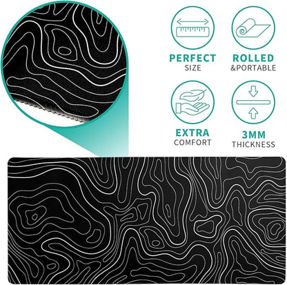 Topographic Contour Black Gaming Mouse Pad XL Geographic Map Lines Extended Big Large Desk Mat Non - Slip Rubber Base Stitched Edge Long Keyboard Mousepad for PC Computer Laptop,31.5x11.8 Inch | Mouse Pads - TrueDesk