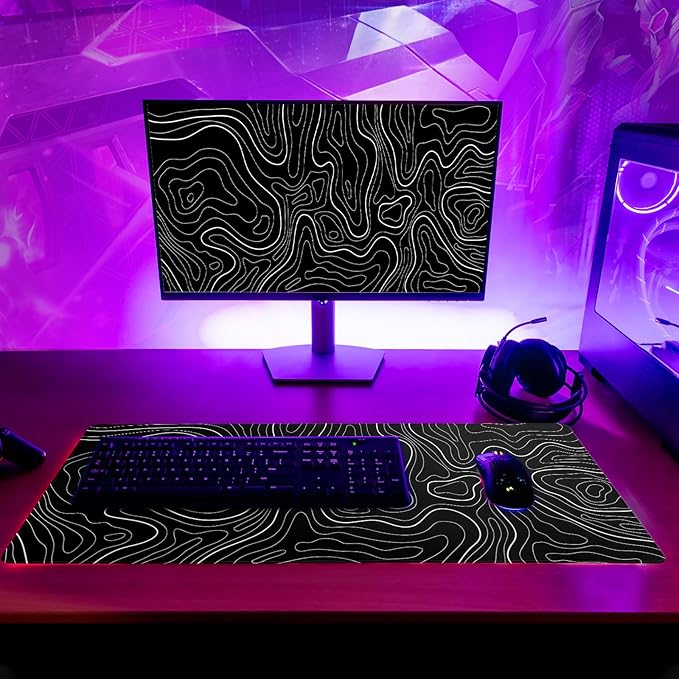 Topographic Contour Black Gaming Mouse Pad XL Geographic Map Lines Extended Big Large Desk Mat Non - Slip Rubber Base Stitched Edge Long Keyboard Mousepad for PC Computer Laptop,31.5x11.8 Inch | Mouse Pads - TrueDesk