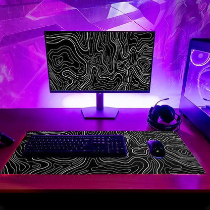 Topographic Contour Black Gaming Mouse Pad XL Geographic Map Lines Extended Big Large Desk Mat Non - Slip Rubber Base Stitched Edge Long Keyboard Mousepad for PC Computer Laptop,31.5x11.8 Inch | Mouse Pads - TrueDesk
