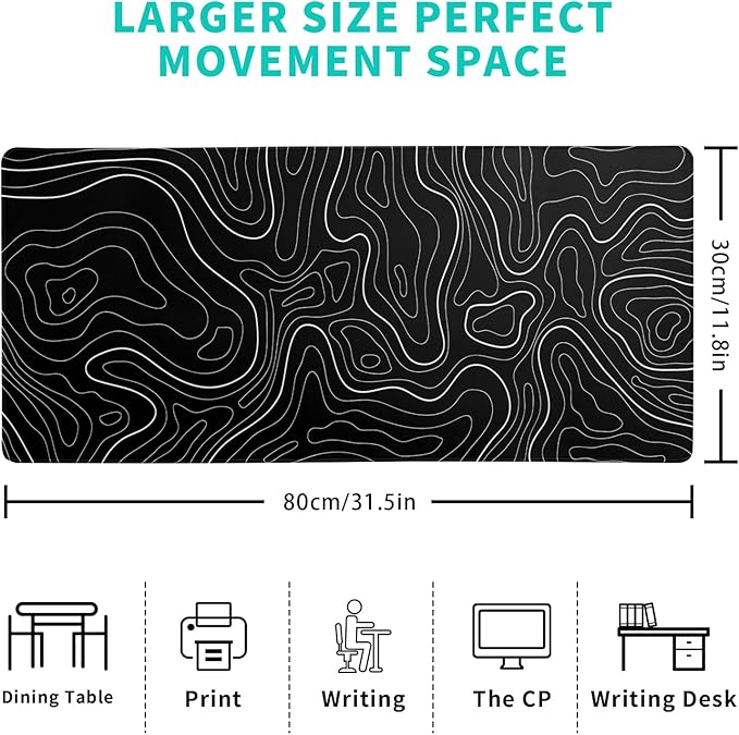 Topographic Contour Black Gaming Mouse Pad XL Geographic Map Lines Extended Big Large Desk Mat Non - Slip Rubber Base Stitched Edge Long Keyboard Mousepad for PC Computer Laptop,31.5x11.8 Inch | Mouse Pads - TrueDesk