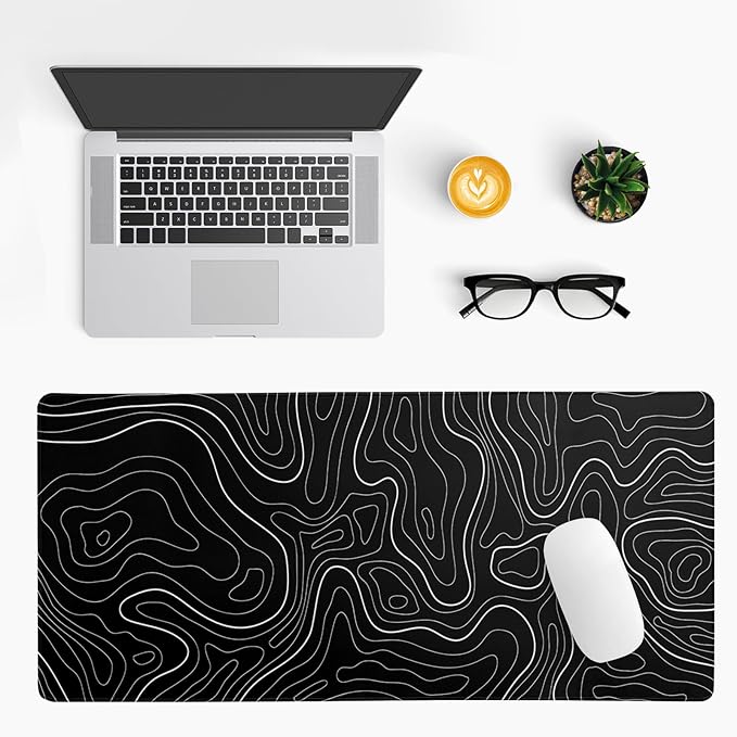 Topographic Contour Black Gaming Mouse Pad XL Geographic Map Lines Extended Big Large Desk Mat Non - Slip Rubber Base Stitched Edge Long Keyboard Mousepad for PC Computer Laptop,31.5x11.8 Inch | Mouse Pads - TrueDesk
