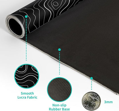 Topographic Contour Black Gaming Mouse Pad XL Geographic Map Lines Extended Big Large Desk Mat Non - Slip Rubber Base Stitched Edge Long Keyboard Mousepad for PC Computer Laptop,31.5x11.8 Inch | Mouse Pads - TrueDesk