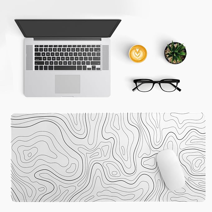 Topographic Contour White Gaming Mouse Pad XL Geographic Map Lines Extended Big Large Desk Mat Non - Slip Rubber Base Stitched Edge Long Keyboard Mousepad for PC Computer Laptop,31.5x11.8 Inch | Mouse Pads - TrueDesk