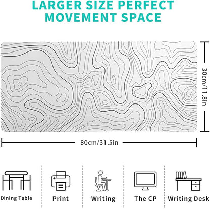 Topographic Contour White Gaming Mouse Pad XL Geographic Map Lines Extended Big Large Desk Mat Non - Slip Rubber Base Stitched Edge Long Keyboard Mousepad for PC Computer Laptop,31.5x11.8 Inch | Mouse Pads - TrueDesk