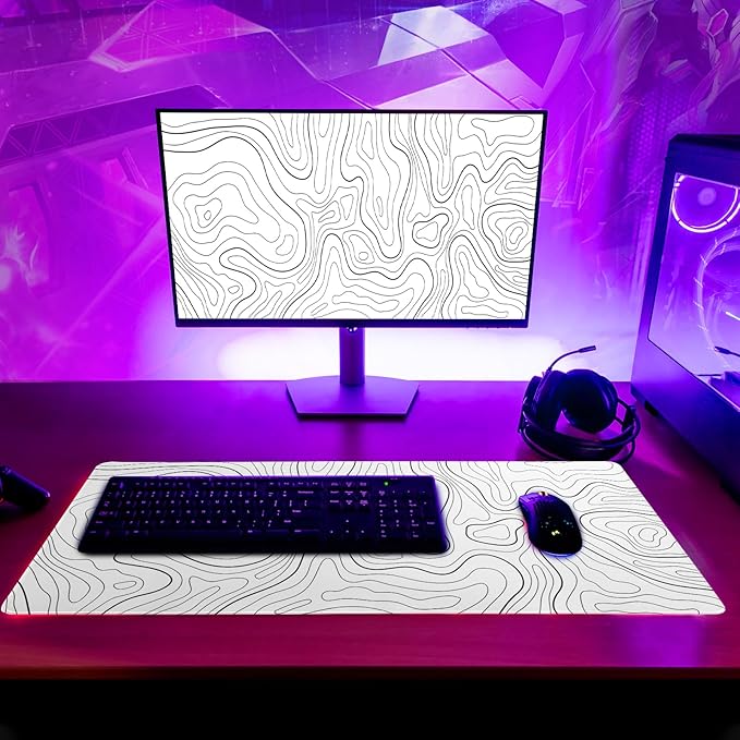 Topographic Contour White Gaming Mouse Pad XL Geographic Map Lines Extended Big Large Desk Mat Non - Slip Rubber Base Stitched Edge Long Keyboard Mousepad for PC Computer Laptop,31.5x11.8 Inch | Mouse Pads - TrueDesk