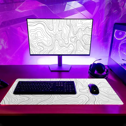 Topographic Contour White Gaming Mouse Pad XL Geographic Map Lines Extended Big Large Desk Mat Non - Slip Rubber Base Stitched Edge Long Keyboard Mousepad for PC Computer Laptop,31.5x11.8 Inch | Mouse Pads - TrueDesk