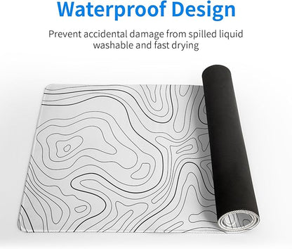 Topographic Contour White Gaming Mouse Pad XL Geographic Map Lines Extended Big Large Desk Mat Non - Slip Rubber Base Stitched Edge Long Keyboard Mousepad for PC Computer Laptop,31.5x11.8 Inch | Mouse Pads - TrueDesk