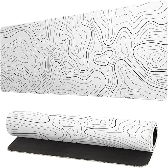 Topographic Contour White Gaming Mouse Pad XL Geographic Map Lines Extended Big Large Desk Mat Non - Slip Rubber Base Stitched Edge Long Keyboard Mousepad for PC Computer Laptop,31.5x11.8 Inch | Mouse Pads - TrueDesk
