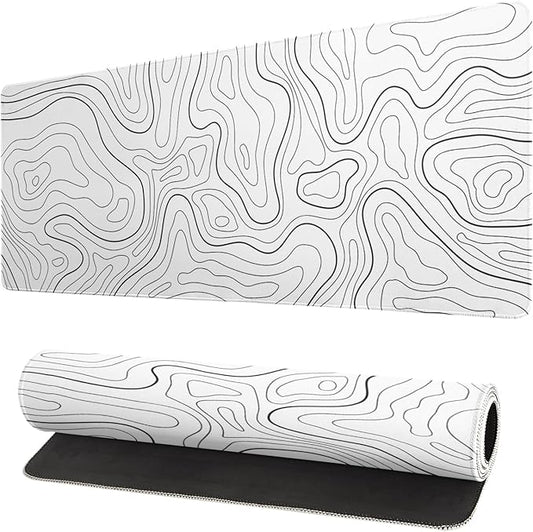 Topographic Contour White Gaming Mouse Pad XL Geographic Map Lines Extended Big Large Desk Mat Non - Slip Rubber Base Stitched Edge Long Keyboard Mousepad for PC Computer Laptop,31.5x11.8 Inch | Mouse Pads - TrueDesk