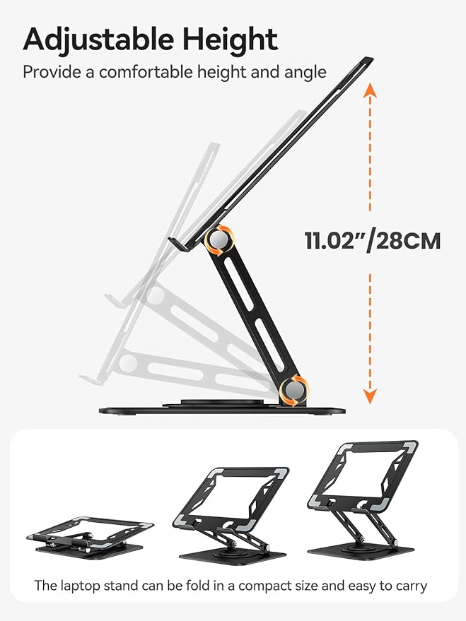 tounee Laptop Stand for Desk, Adjustable Computer Stand Holder with 360° Rotating Base, Ergonomic Laptop Riser Compatible with MacBook Pro Air, All Laptops 10 - 16" - Black | Stands - TrueDesk