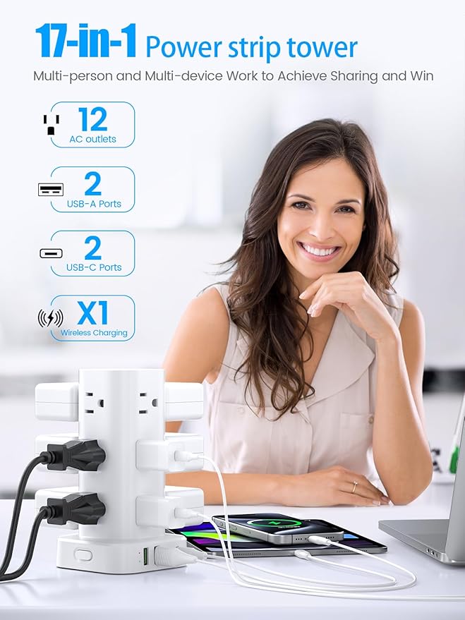 Tower Power Strip with 15W Wireless Charger, 10FT Flat Plug Extension Cord with Multiple Outlets, 12 AC Outlets, 4 USB Ports (2 USB C) Charging Station Surge Protector for Office Home Dorm Room(White) | Power Strips - TrueDesk