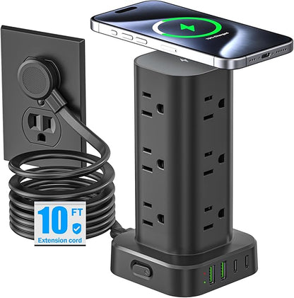 Tower Power Strip with 15W Wireless Charger, 10FT Flat Plug Extension Cord with Multiple Outlets, 12 AC Outlets, 4 USB Ports (2 USB C) Charging Station Surge Protector for Office Home Dorm Room(Black) | Power Strips - TrueDesk
